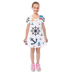 Marine Nautical Seamless Lifebuoy Anchor Pattern Kids  Short Sleeve Velvet Dress