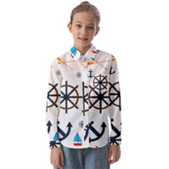 Marine Nautical Seamless Lifebuoy Anchor Pattern Kids  Long Sleeve Shirt by Jancukart