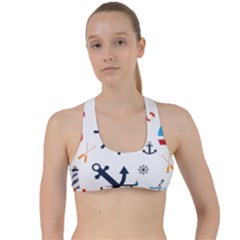 Marine Nautical Seamless Lifebuoy Anchor Pattern Criss Cross Racerback Sports Bra by Jancukart