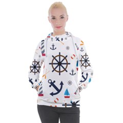 Marine Nautical Seamless Lifebuoy Anchor Pattern Women s Hooded Pullover