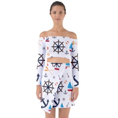 Marine Nautical Seamless Lifebuoy Anchor Pattern Off Shoulder Top With Skirt Set