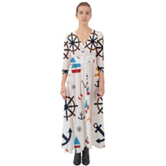 Marine Nautical Seamless Lifebuoy Anchor Pattern Button Up Boho Maxi Dress