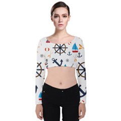 Marine Nautical Seamless Lifebuoy Anchor Pattern Velvet Long Sleeve Crop Top by Jancukart