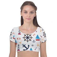 Marine Nautical Seamless Lifebuoy Anchor Pattern Velvet Short Sleeve Crop Top 