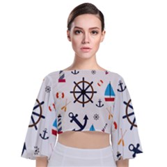 Marine Nautical Seamless Lifebuoy Anchor Pattern Tie Back Butterfly Sleeve Chiffon Top by Jancukart