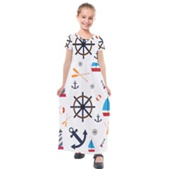 Marine Nautical Seamless Lifebuoy Anchor Pattern Kids  Short Sleeve Maxi Dress