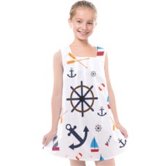 Marine Nautical Seamless Lifebuoy Anchor Pattern Kids  Cross Back Dress by Jancukart