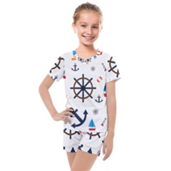 Marine Nautical Seamless Lifebuoy Anchor Pattern Kids  Mesh Tee And Shorts Set