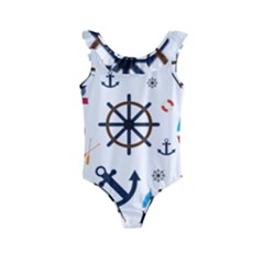 Marine Nautical Seamless Lifebuoy Anchor Pattern Kids  Frill Swimsuit