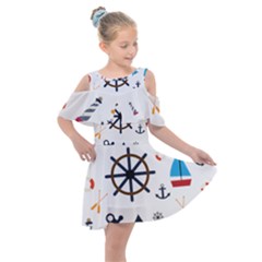 Marine Nautical Seamless Lifebuoy Anchor Pattern Kids  Shoulder Cutout Chiffon Dress by Jancukart