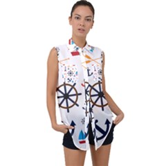 Marine Nautical Seamless Lifebuoy Anchor Pattern Sleeveless Chiffon Button Shirt