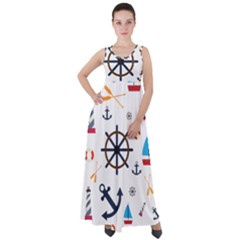 Marine Nautical Seamless Lifebuoy Anchor Pattern Empire Waist Velour Maxi Dress