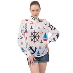 Marine Nautical Seamless Lifebuoy Anchor Pattern High Neck Long Sleeve Chiffon Top