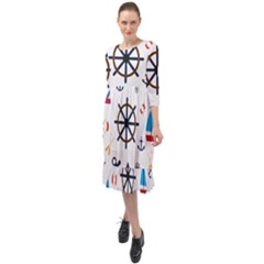 Marine Nautical Seamless Lifebuoy Anchor Pattern Ruffle End Midi Chiffon Dress by Jancukart