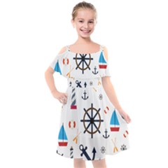 Marine Nautical Seamless Lifebuoy Anchor Pattern Kids  Cut Out Shoulders Chiffon Dress