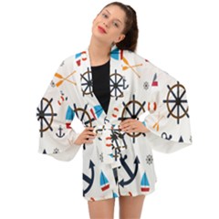 Marine Nautical Seamless Lifebuoy Anchor Pattern Long Sleeve Kimono