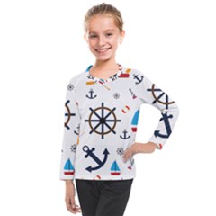 Marine Nautical Seamless Lifebuoy Anchor Pattern Kids  Long Mesh Tee