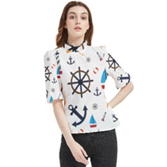 Marine Nautical Seamless Lifebuoy Anchor Pattern Frill Neck Blouse