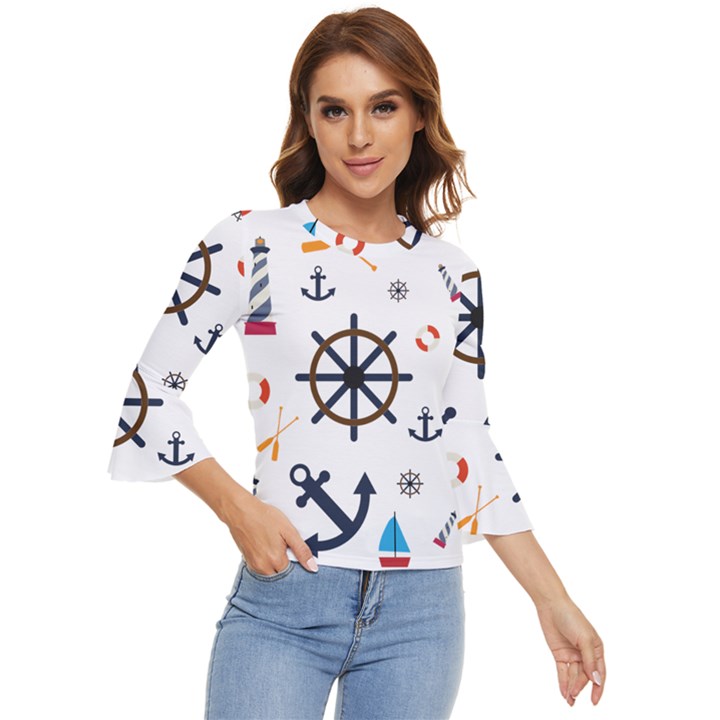 Marine Nautical Seamless Lifebuoy Anchor Pattern Bell Sleeve Top