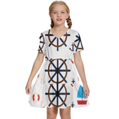 Marine Nautical Seamless Lifebuoy Anchor Pattern Kids  Short Sleeve Tiered Mini Dress by Jancukart