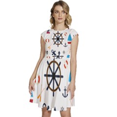 Marine Nautical Seamless Lifebuoy Anchor Pattern Cap Sleeve High Waist Dress