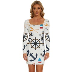 Marine Nautical Seamless Lifebuoy Anchor Pattern Long Sleeve Square Neck Bodycon Velvet Dress