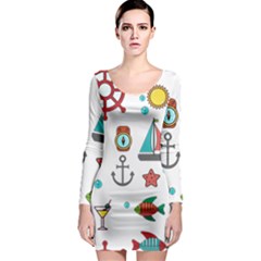 Marine Nautical Seamless Pattern Art Long Sleeve Bodycon Dress