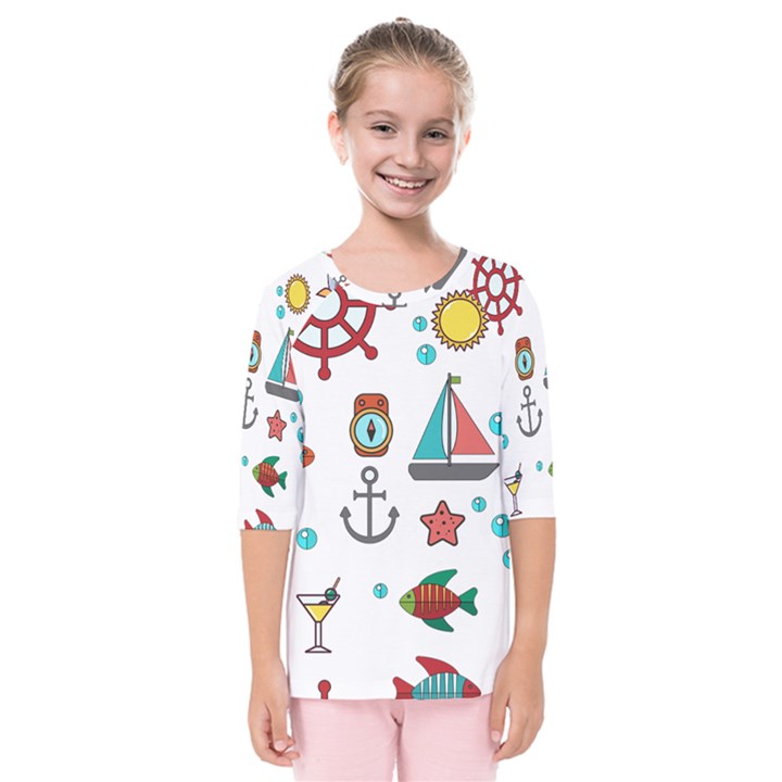 Marine Nautical Seamless Pattern Art Kids  Quarter Sleeve Raglan Tee