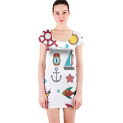 Marine Nautical Seamless Pattern Art Short Sleeve Bodycon Dress