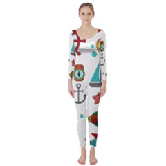 Marine Nautical Seamless Pattern Art Long Sleeve Catsuit