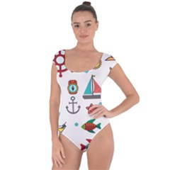 Marine Nautical Seamless Pattern Art Short Sleeve Leotard 