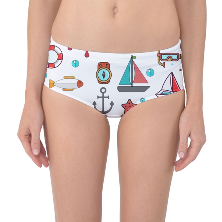 Marine Nautical Seamless Pattern Art Mid-Waist Bikini Bottoms