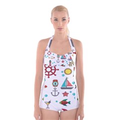 Marine Nautical Seamless Pattern Art Boyleg Halter Swimsuit 