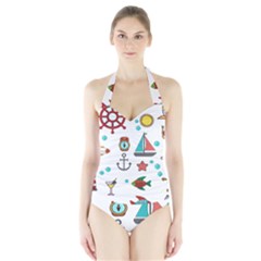 Marine Nautical Seamless Pattern Art Halter Swimsuit