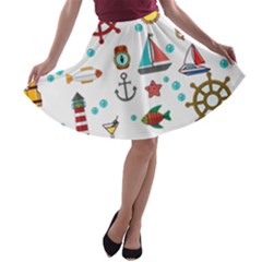 Marine Nautical Seamless Pattern Art A-line Skater Skirt