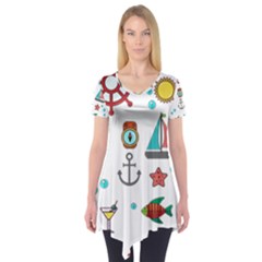 Marine Nautical Seamless Pattern Art Short Sleeve Tunic 