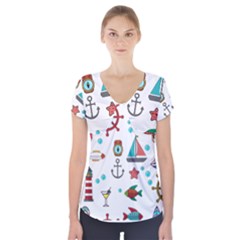 Marine Nautical Seamless Pattern Art Short Sleeve Front Detail Top