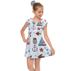 Marine Nautical Seamless Pattern Art Kids  Cap Sleeve Dress by Jancukart