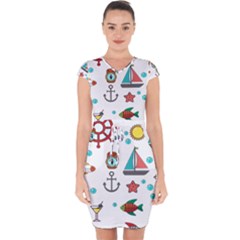 Marine Nautical Seamless Pattern Art Capsleeve Drawstring Dress 