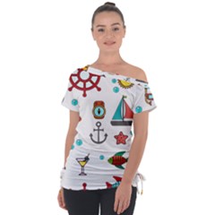 Marine Nautical Seamless Pattern Art Off Shoulder Tie-up Tee