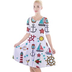 Marine Nautical Seamless Pattern Art Quarter Sleeve A-line Dress