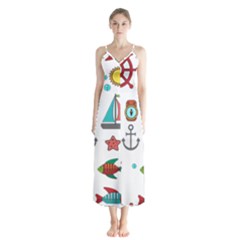 Marine Nautical Seamless Pattern Art Button Up Chiffon Maxi Dress