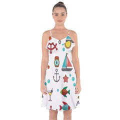 Marine Nautical Seamless Pattern Art Ruffle Detail Chiffon Dress