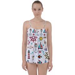 Marine Nautical Seamless Pattern Art Babydoll Tankini Set