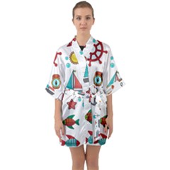 Marine Nautical Seamless Pattern Art Half Sleeve Satin Kimono 