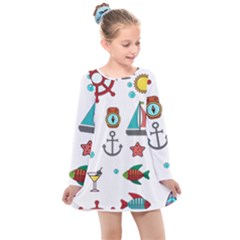 Marine Nautical Seamless Pattern Art Kids  Long Sleeve Dress by Jancukart