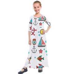 Marine Nautical Seamless Pattern Art Kids  Quarter Sleeve Maxi Dress by Jancukart