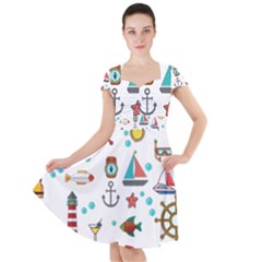 Marine Nautical Seamless Pattern Art Cap Sleeve Midi Dress