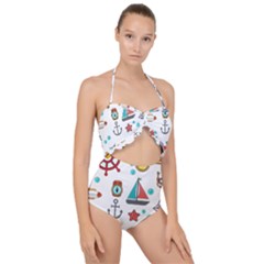 Marine Nautical Seamless Pattern Art Scallop Top Cut Out Swimsuit