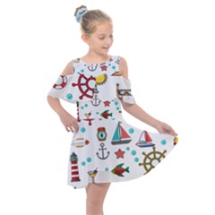 Marine Nautical Seamless Pattern Art Kids  Shoulder Cutout Chiffon Dress by Jancukart